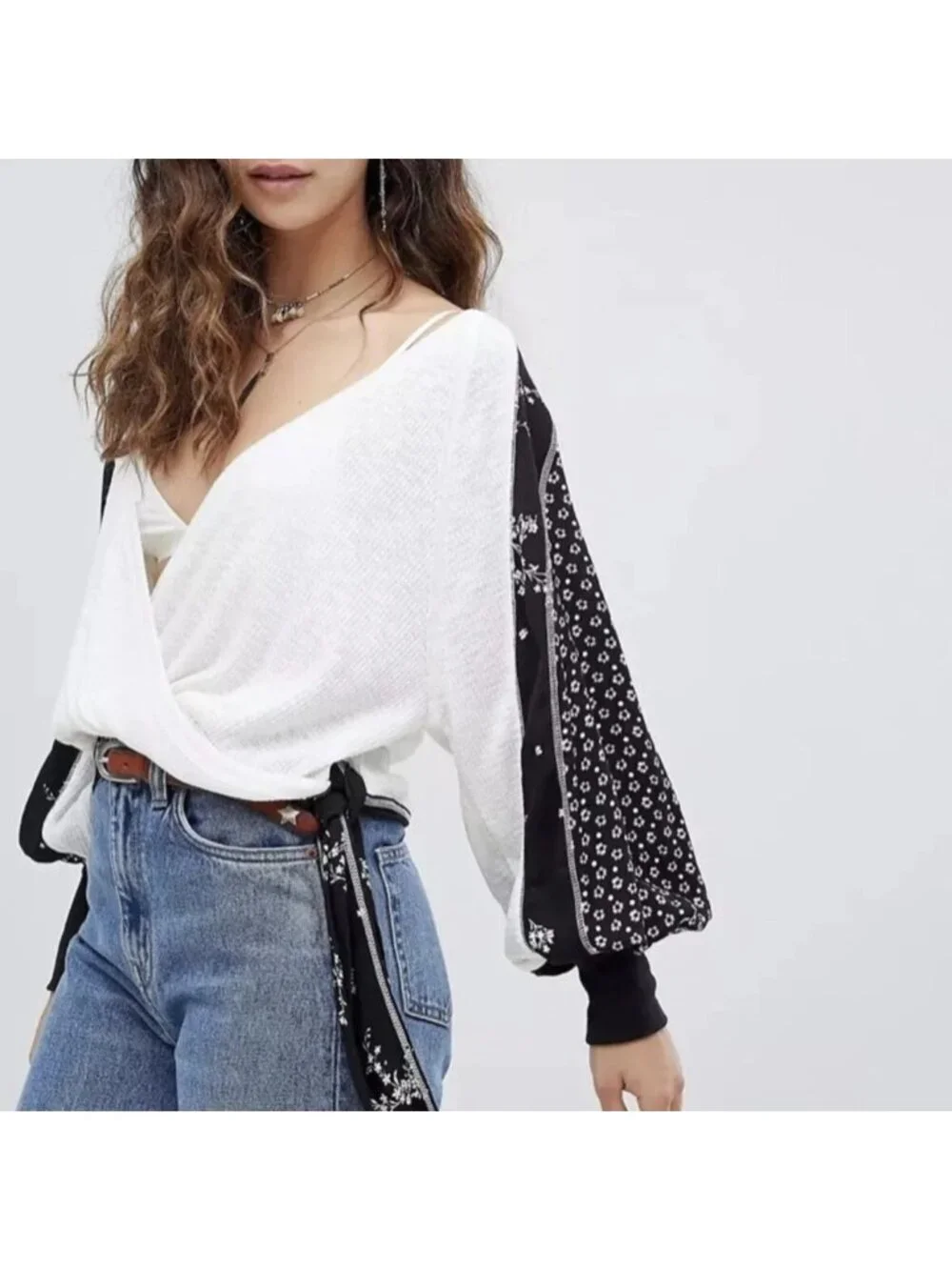 Free People‎ Boho Chic Romantic Patchwork Print Balloon Sleeve Surplice Top Sz L